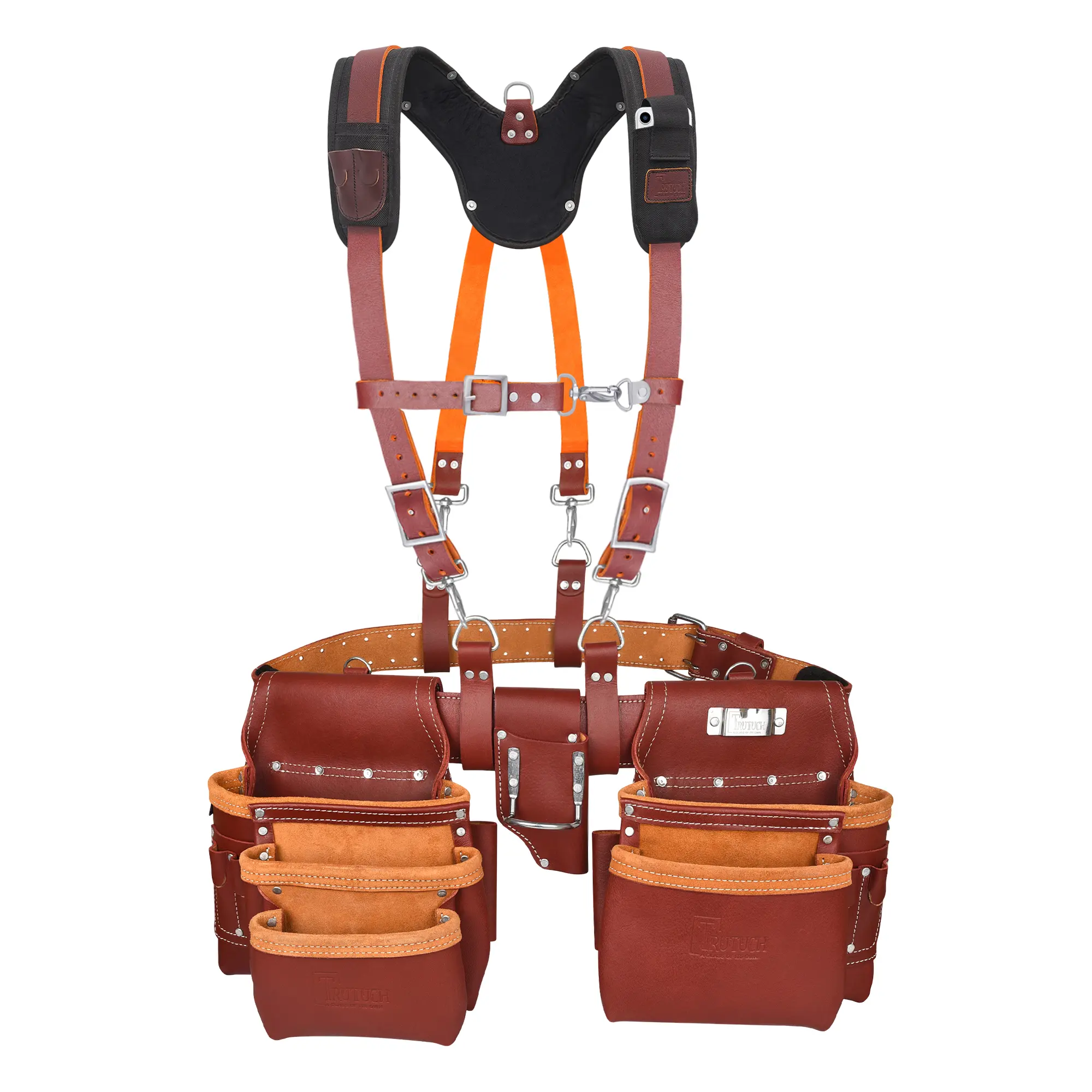 Trutuch Maroon Leather Tool Belt with Suspender, 100% Genuine Leather & Nylon, Padded Yoke, 2 Pockets, D-Ring for Easy Storage