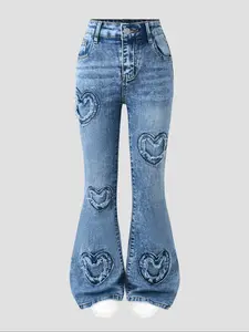 Teen Girls Fashion Elastic Washed Sweet Cool Style Flared Embroidered Jeans, Slim Fit Flare Leg Design, High Stretch Fabric, Comfortable and Versatile