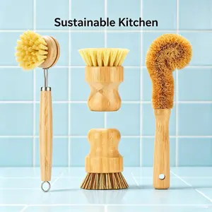 Bamboo Dish Brushes Set of 4 – Eco Friendly Kitchen Scrubber for Pots, Pans & Bottles, Natural Bristles Won't Scratch, Plastic Free & Biodegradable, Zero Waste Cleaning Tool Must Have, TikTok Kitchen Hack