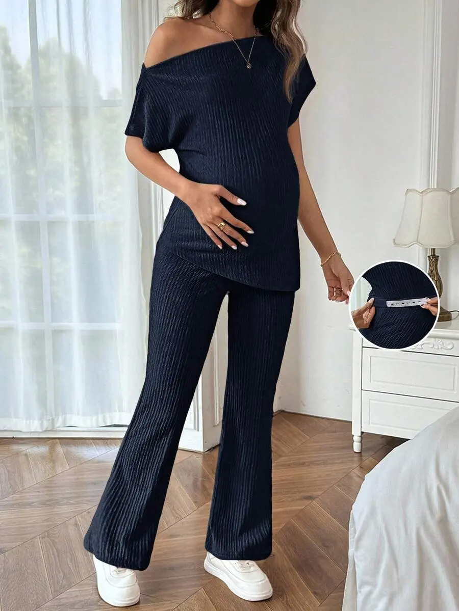NANCY Maternity 2pcs Maternity Asymmetrical Neck T-Shirt And Pants Set