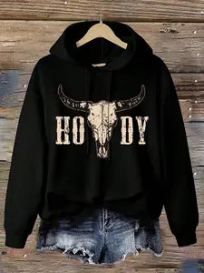 Women's Hooded Sweatshirt, Western Cow Print, Fashion Street Style, Casual Vintage Design, Fall & Winter Wear