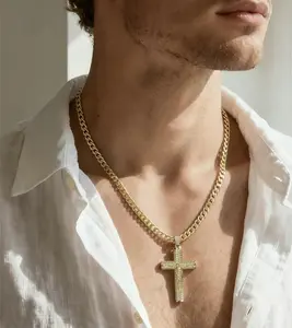14k Real Gold-Plated	 Cuban, Figaro, Miami Cross with Jesus Christ Crucifix,24 inches Long and 6mm Wide, Handcrafted Polishing and Multiple Electroplating Daily Wear Necklace,Father's Day Gift
