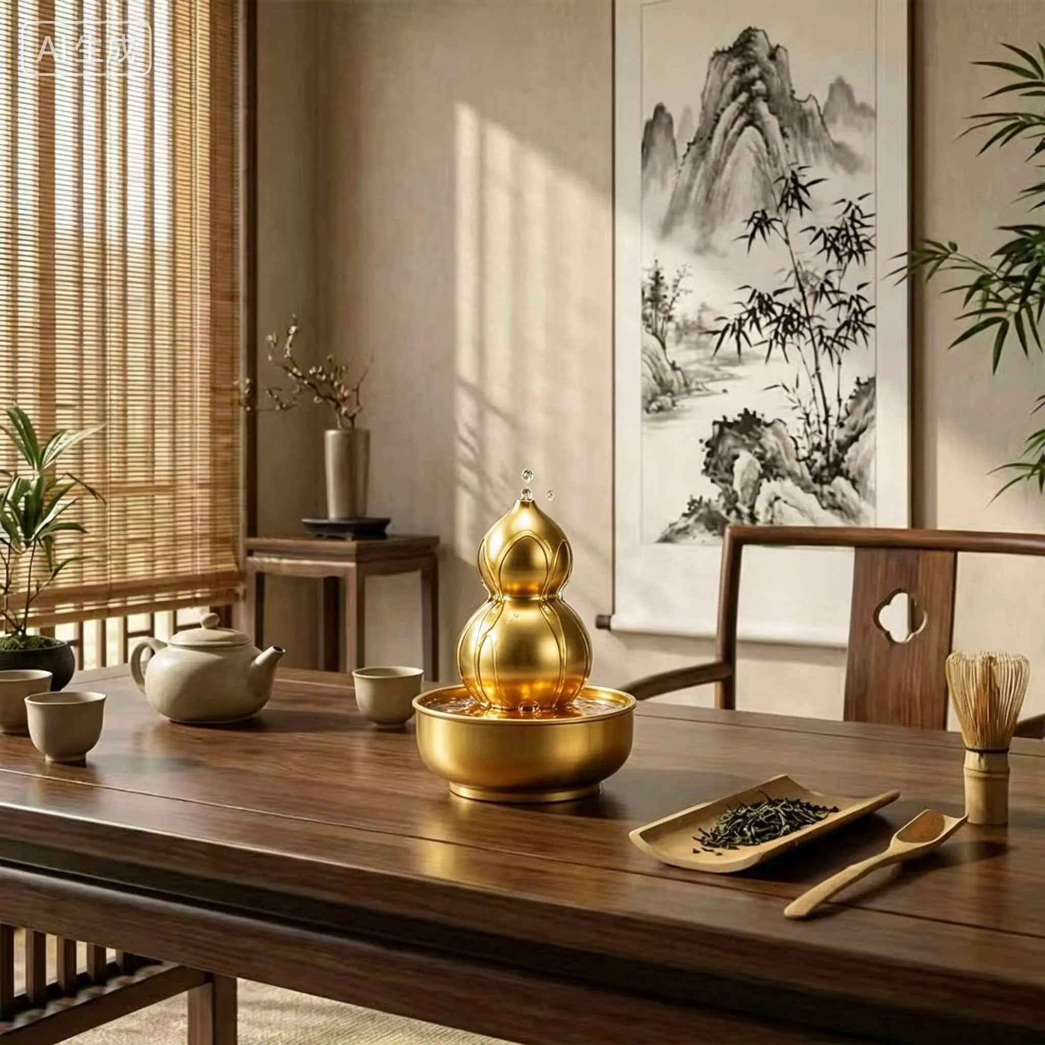 Luxurious Frosted Deep Golden Gourd Resin Tabletop Fountain - Home Decor Sculptures with Gourd & Base, Round Landscape Ornament with Water Flow for Home Office Modern Decorations, Ornaments