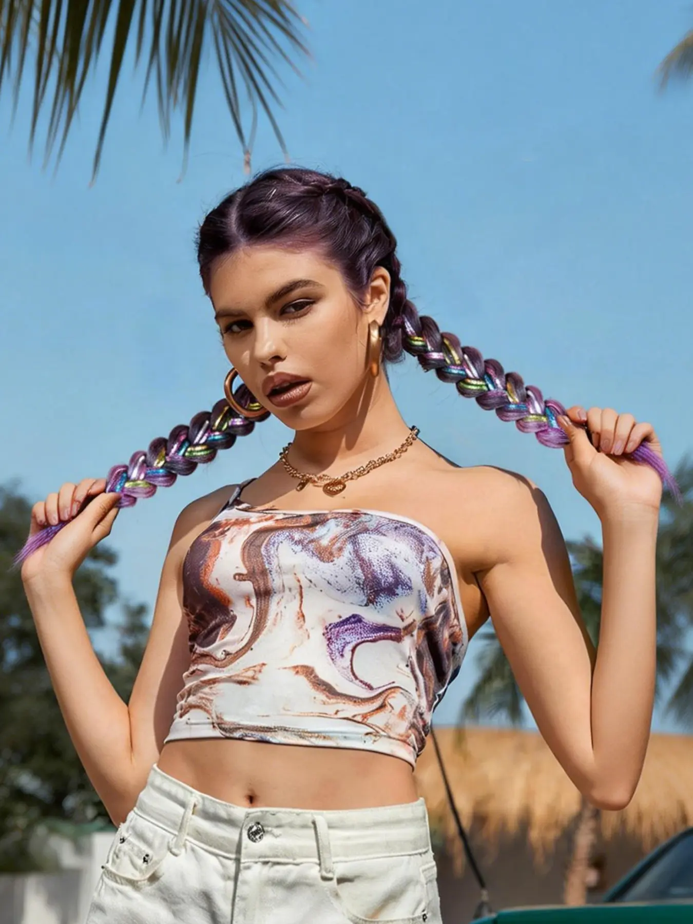2 Pack Braid Ponytail Extension with Elastic Tie Straight Sleek Wrap Around Braid Ponytail Purple Gradient 26 Inch Hair Tinsel Colored Hair Ponytail Synthetic Hairpieces