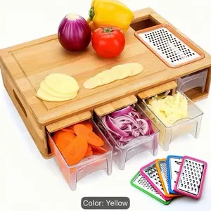 Bamboo Wooden Cutting Board with Food Storage Container, Cheese Shredder, and Juice Tank – Kitchenware with Pour-Over Coffee-Making Tools for Vegetables, Cheese, Meat