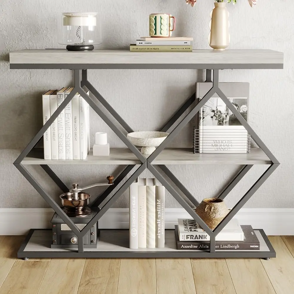 3-Tier Narrow Wooden Farmhouse Entryway Table with Geometric Metal Legs - Slim Space-Saving Console Shelf, Utility Display Rack for Hallway, Living Room
