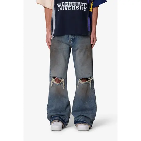 mnml Distressed Kick Flare Denim - Washed Blue