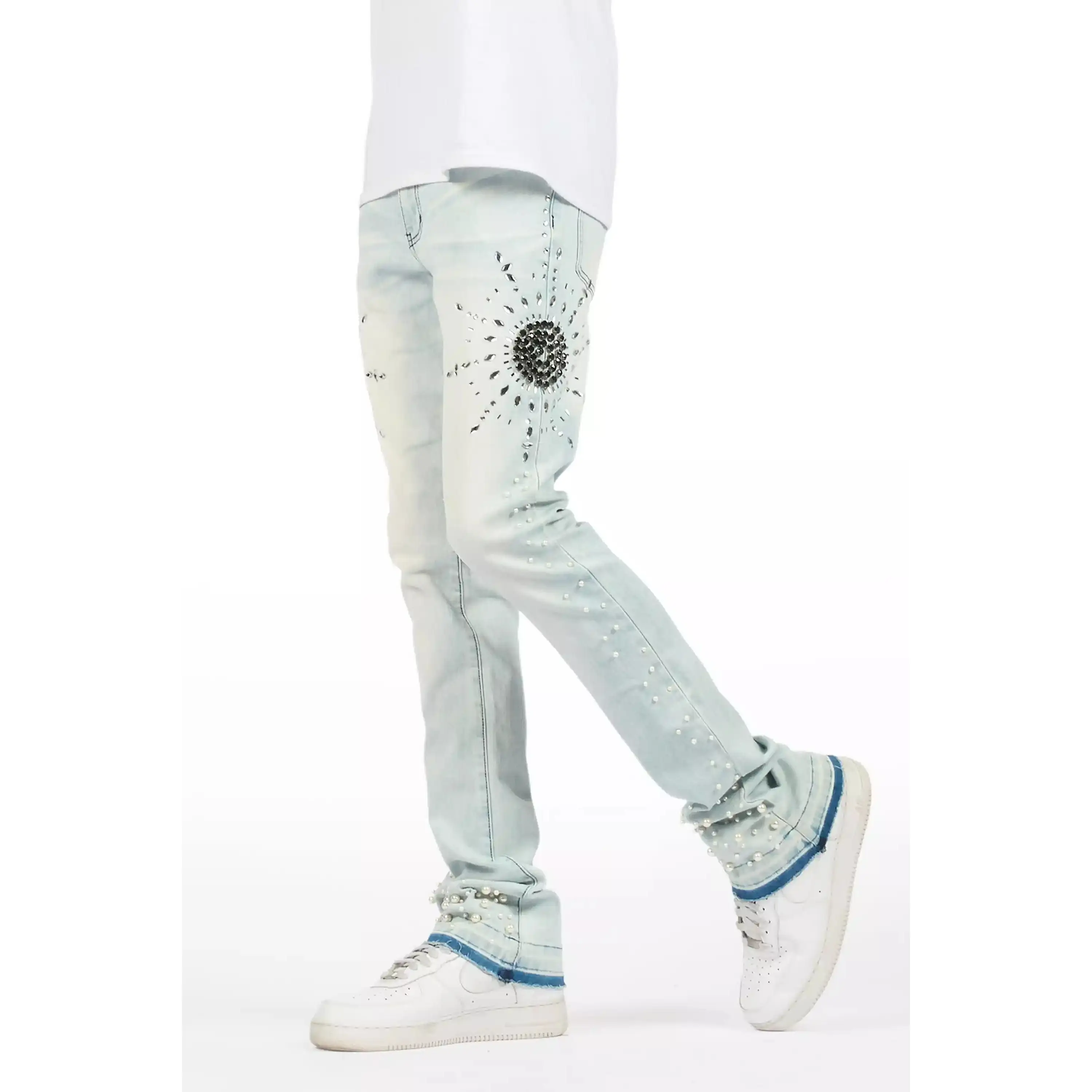 Tryst Light Blue Rhinestone Stacked Flare Jean Tryst Light Blue Rhinestone Stacked Flare Jean