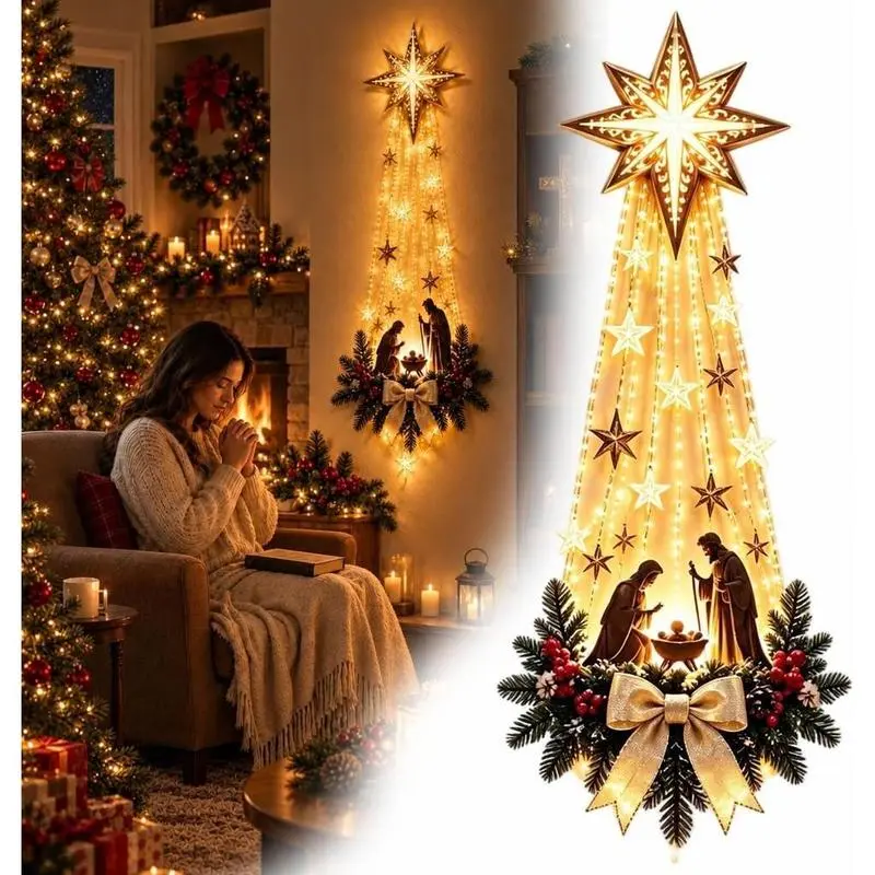 Bethlehem Star of Faith Lighted Wall Decor, Glowing Nativity Scene Christmas Wall Hanging, Warm LED Religious Christmas Decoration for Fireplace, Entryway & Home