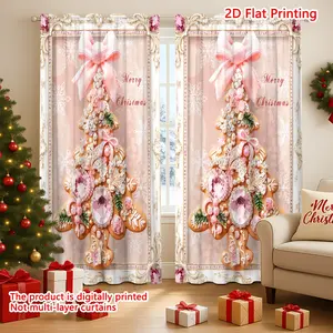 2D Flat Printing 2Pcs Pink, gem-adorned gingerbread tree in ornate frame, "Merry Christmas" on snowy background Pattern Curtains,Rod Pocket Curtains Easy To Hang,Semi Blackout Polyester Curtains,Machine Washable,Suitable for Various Scenarios