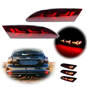 2PCS Red Lens w/Sequential LED Bumper Reflectors Tail Brake Turn Signal Lights For Ford Focus 2012 2013 2014 Replace OEM BM51-515B0-AD; BM51-515C0-AD