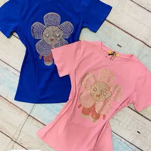 Vinizbena  Rhinestones Smile Flower Design Women T-Shirt Top Crewneck