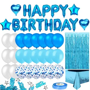 Blue Birthday Party Decorations Set – Happy Birthday Banner, Sky Blue Fringe Curtain, Foil Tablecloth, Heart & Star Confetti Balloons for Kids, Teens & Adults