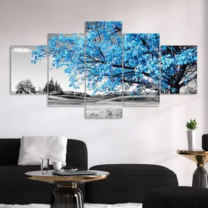 Blue Tree Pattern Canvas Unframed Painting, 5 Counts/set Modern Art Poster, Unframed Art Print, Wall Art Decor for Home Living Room Bedroom Office, Ornaments