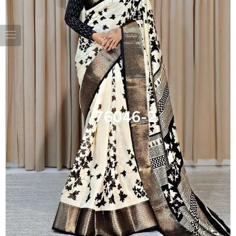 FANCY DOLA SILK JACQUARD WEAVING BOREDER WITH KALAMKARI PRINT WORK SAREE WITH UNSTITCHED BLOUSE BLACK