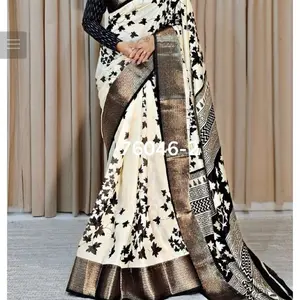 FANCY DOLA SILK JACQUARD WEAVING BOREDER WITH KALAMKARI PRINT WORK SAREE WITH UNSTITCHED BLOUSE BLACK