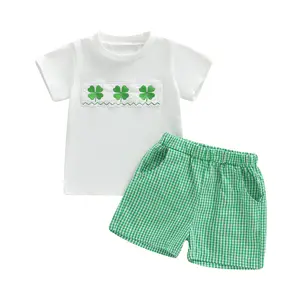 Meihuida Toddler Baby Boy St Patricks Day Outfit Clover Embroidery Smocked Short Sleeve T-Shirt Top and Plaid Shorts Set
