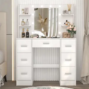 Bedroom Large White Dressing Table Makeup Vanity Set with 7 Drawers & Shelves LED Lighted Mirror Modern Aesthetic Minimal Interior Storage