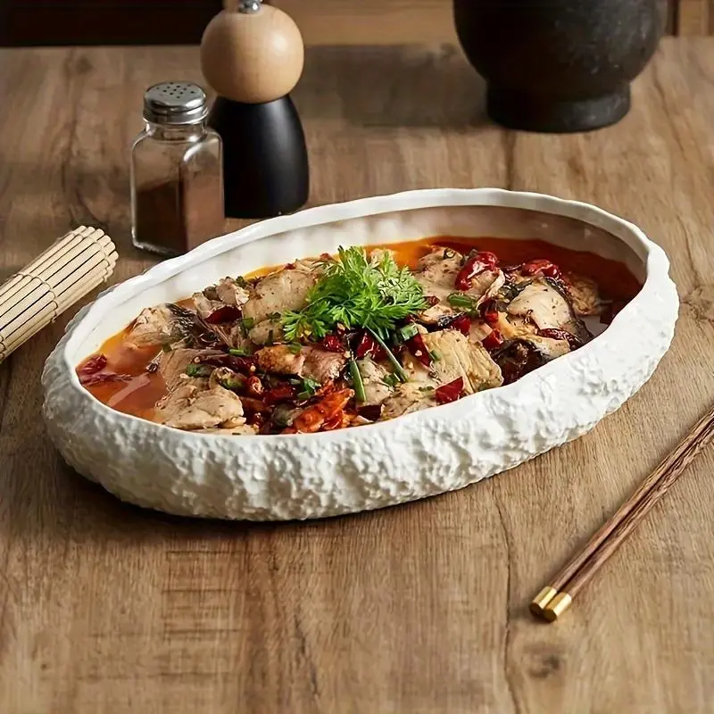 Luxury Ceramic Serving Seafood Platter, Ceramic Plate, Serving Plates, 8 Inch Rock Texture Steaming Lobster Dish, Ideal for Restaurant and Home Use