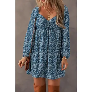 Blue Floral Print Sweetheart Neck Shirred Back Mini Dress - Arrives in 12 to 15 days Boho Casual elegant  dresses bubble  dress mars the label  dress