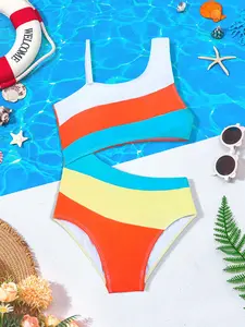 Teen Girls Color-Block Hollow Out One-Piece Swimsuit, Kids Stylish Vacation Swimwear, Summer Beach Casual Vacation Wear