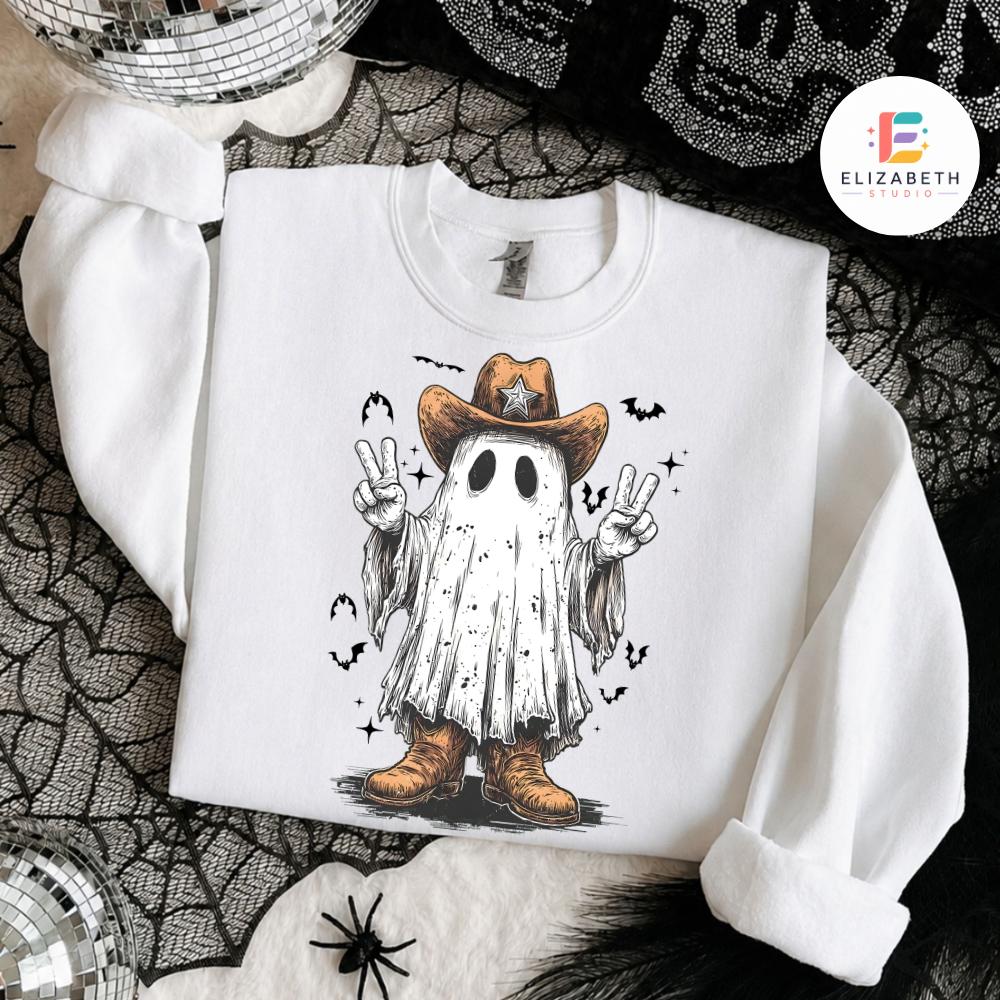Cowboy Ghost Sweatshirt, Western Sheriff Peace Sign Halloween Crewneck, Cute Spooky Cowgirl Gift for Women, Trendy Fall Halloween Shirt