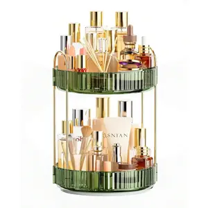 3-Tier Transparent 360° Rotating Modern Makeup Storage Box, Plastic Home Organizer Spinning Rack with Metal Accents, Large-Capacity Vanity Countertop Shelf for Cosmetics & Skincare