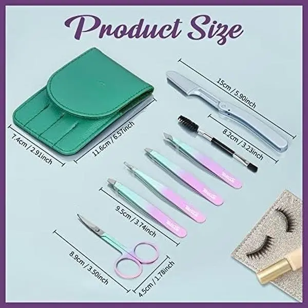 7-Piece Eyebrow Grooming Kit - Stainless Steel Precision Tweezer Set with Scissors, Razor & Case for Pain-Free Trim, Gift for Women, Christmas, Valentine's Day, Mother’s Day, 91G, Adjustable, Compact Kit, 7 Pieces, Seven Pieces