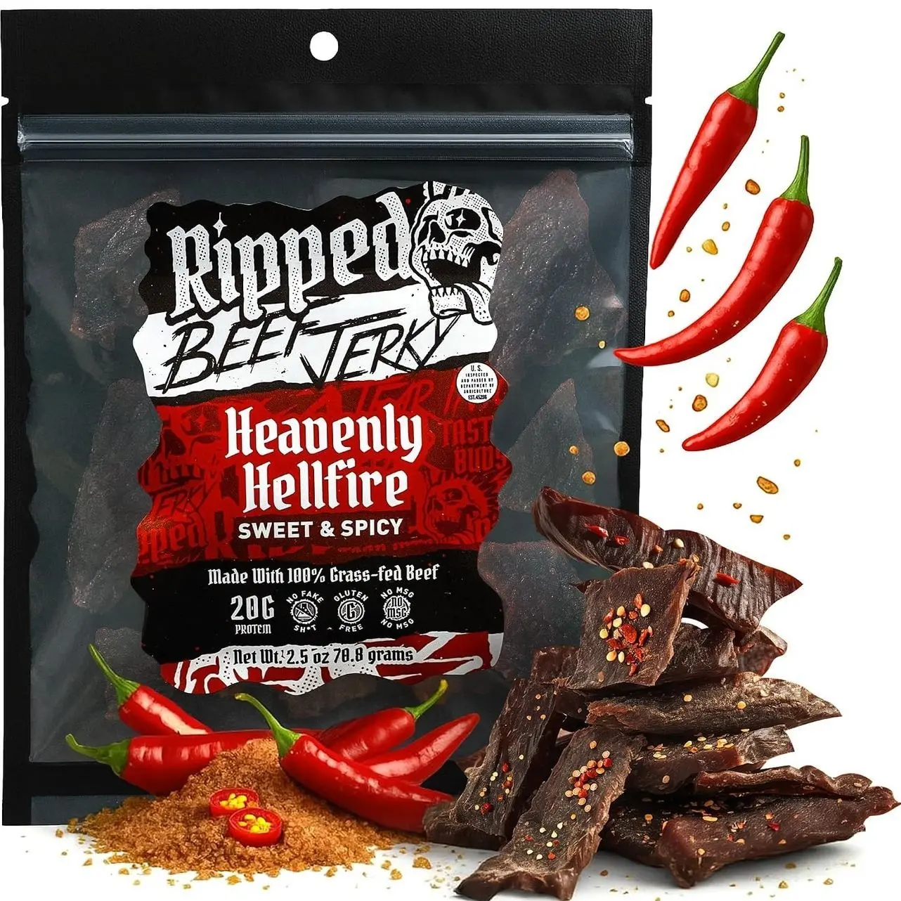 Ripped Beef Jerky - 100% Grass Fed Beef, 20g Protein, Real Ingredients, Gluten Free, No MSG, Made in USA (Pack of 3, Sweet & Spicy)