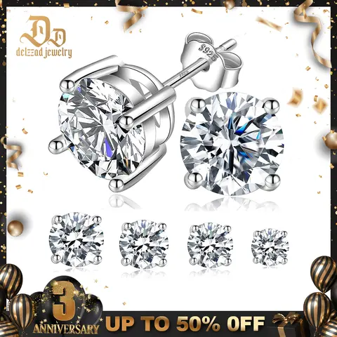 Delzzad S925 Four Prong Stud Earrings Round Lab Created Moissanite Stud Earring Moissanite Jewelry Perfect Birthday Mother’s Day Christmas Gift for Men Women Wedding Set Daily Anniversary Engagement Gift