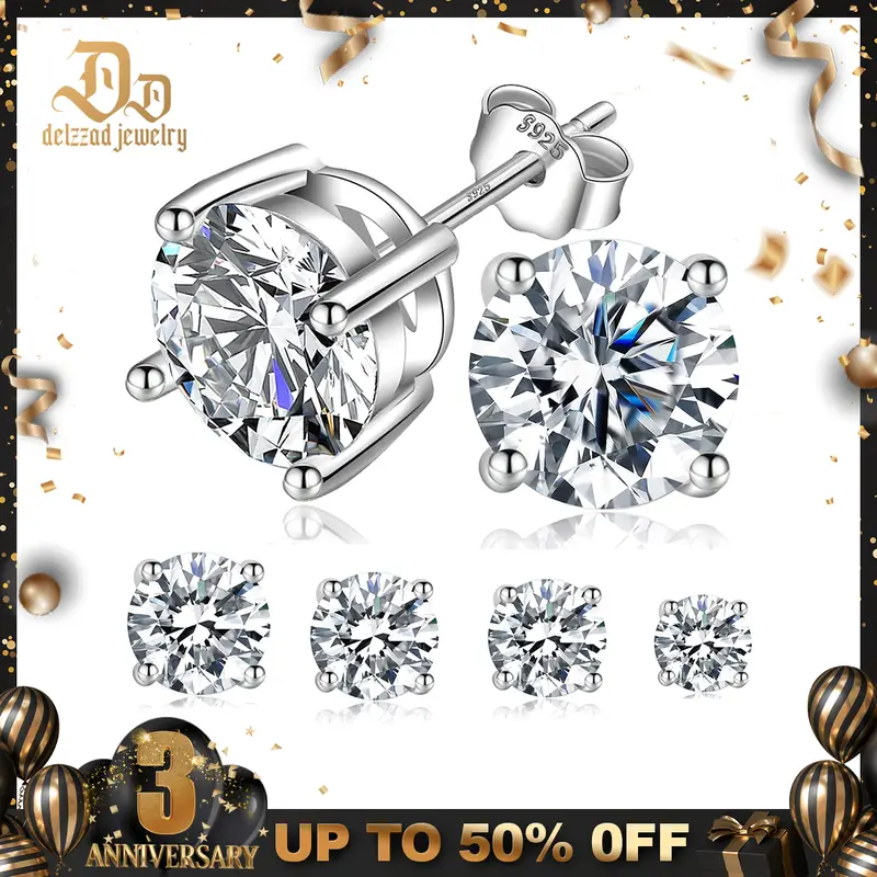 Delzzad S925 Four Prong Stud Earrings Round Lab Created Moissanite Stud Earring Moissanite Jewelry Perfect Birthday Mother’s Day Christmas Gift for Men Women Wedding Set Daily Anniversary Engagement Gift