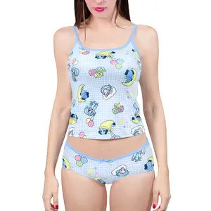 LittleForBig Women Silky Nightwear Strap Sleepwear Cami Top Lingerie Loungewear Babydoll Cozy Camisole & Brief Pajama Set - Bedtime Little Blue
