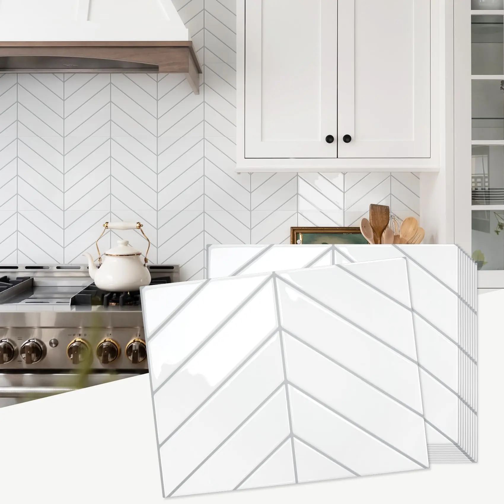 10 Sheets Thicker Herringbone Peel And Stick Backsplash  12.6"*9.7" On Wall Tiles Self Adhesive Tile Sticker For Kitchen Bathroom White With Grey Grout