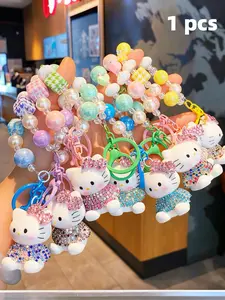 Adorable Beaded Keychain for Women, Cute Kt Cat Cartoon Key Ring with Bell and Phone Strap, High-Quality Handmade Key Chain Accessory