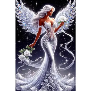 1PCS Diamond Painting Kit Angel with Crystal Wings and White Roses DIY Rhinestone Embroidery for Home De