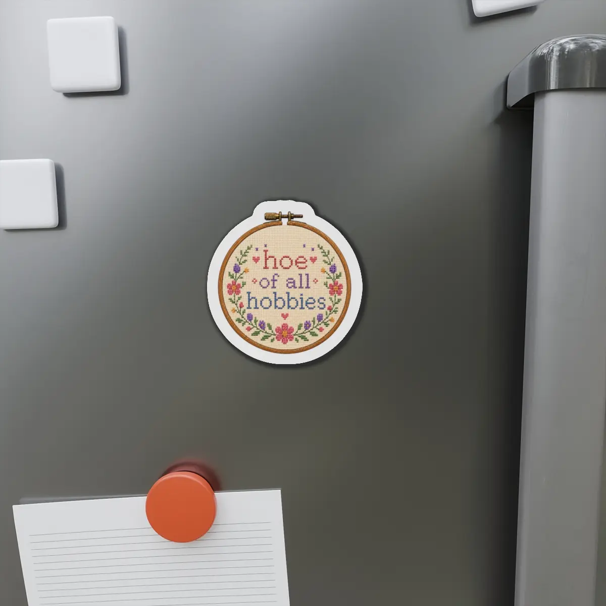 Hoe of All Hobbies Die-cut Magnet | Gardening Cross-stitch Hoop Design