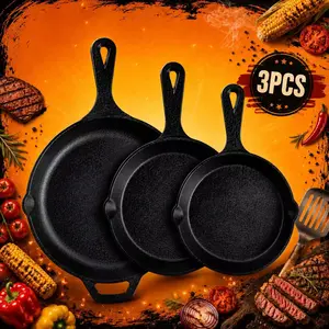 Premium Cast Iron  resistance Skillet 3pcs Set(6/8/10 Inch) Frying Pans, Heavy-Duty Pre-Seasoned Pan Cookware Set - Non-Stick Skillet With Drip Spout, For Frying, Saute, Cooking, Pizza & More, Perfect For Holiday Cooking
