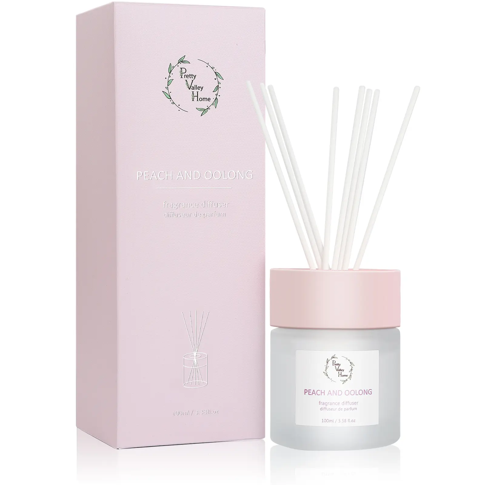 Pretty Valley Home-Reed Diffuser Set, Pretty Valley Home Diffuser 100Ml / 3.38fl OZ Gift Box - Includes Reed Diffuser Sticks, Fragrance Oil, and Glass Bottle for Bathroom Office Living Room Decor (White Peach & Oolong)