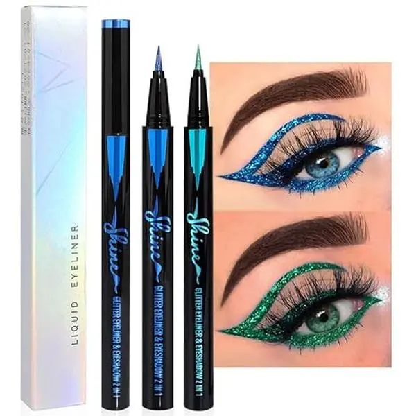 2Pcs Green & Royal Blue Glitter Shimmer Liquid Eyeliner Eye Shadow Makeup Pencil Set, Green Blue Face Body Glitter Makeup Fake Eyelashes Mascara, Sparkle Metallic Colored Eyeliner Waterproof
