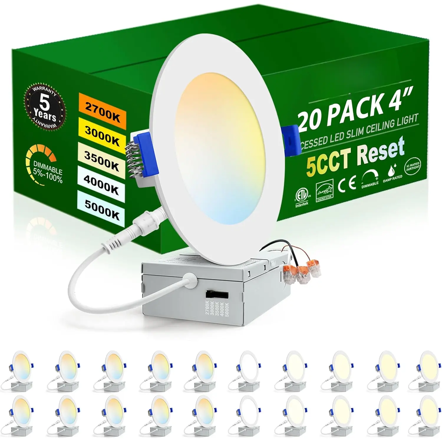 20 Pack 4 Inch Ultra-Thin LED Recessed Ceiling Light with Junction Box 5CCT Adjustable Dimmable Can- Downlight - ETL and Energy Star Certified