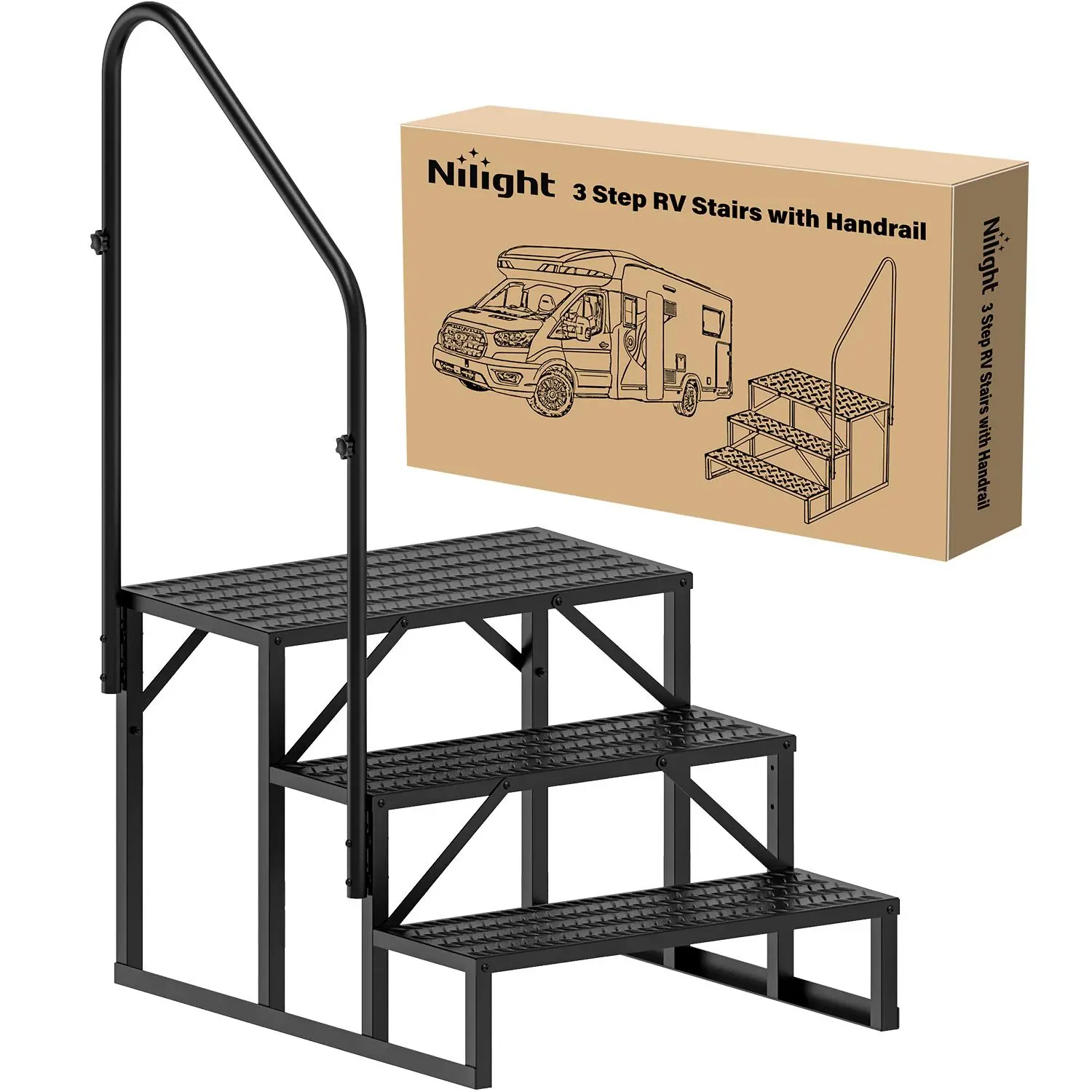 Nilight Iron 2-Step Portable RV Ladder, Sturdy Design with Anti-Skid Handrail, Easy-to-Install Outdoor Stairs for Motorhomes, Hot Tubs, 2 Steps