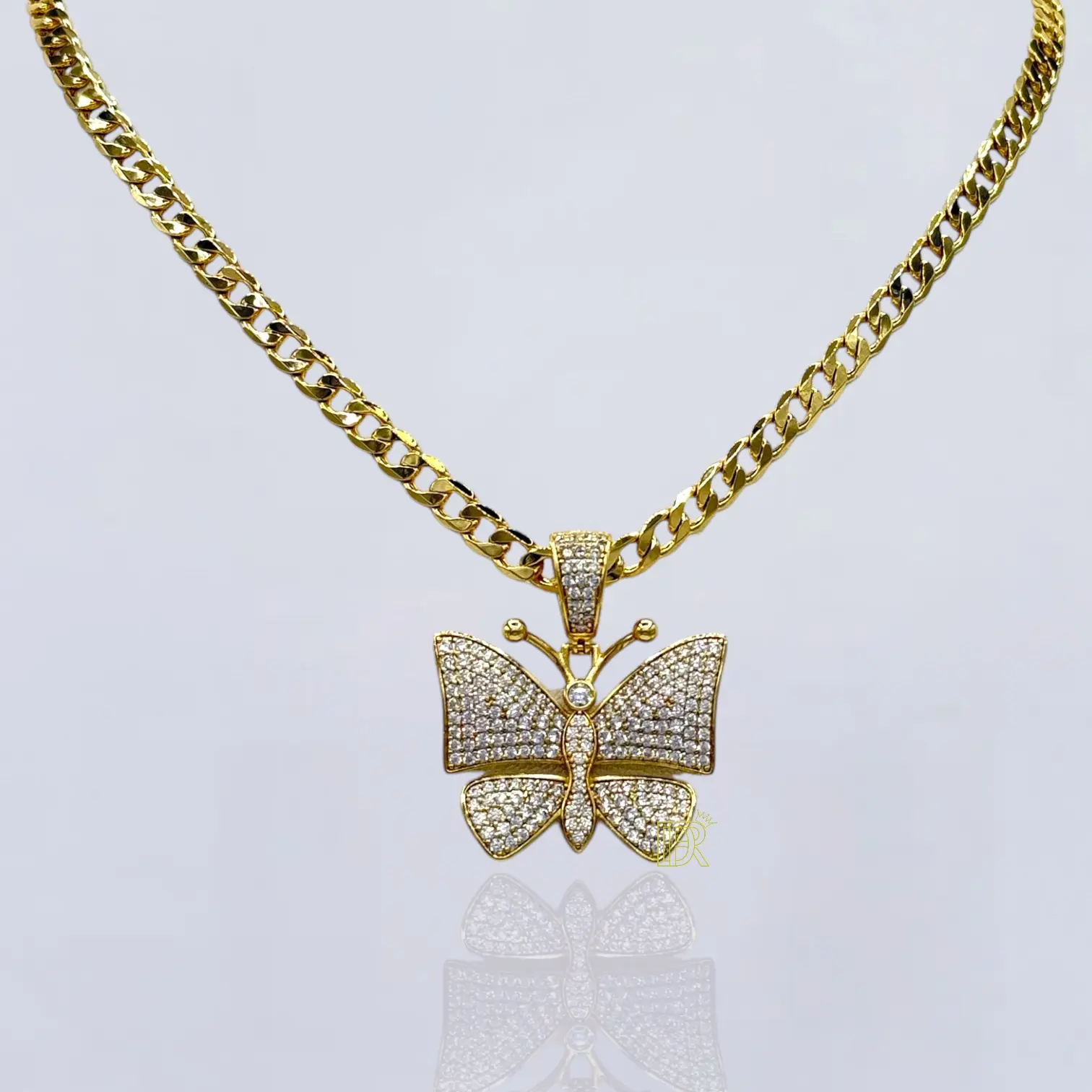 DIDIRAY 14k Gold Plated Reinforced with a Premium Finish and Long Lasting Shine Cuban Link Chain with Butterfly and Heart Pendant for Everyday Wear Hypoallergenic & High Quality Jewelry Accessory