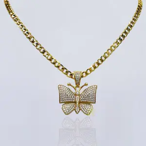 DIDIRAY 14k Gold Plated Reinforced with a Premium Finish and Long Lasting Shine Cuban Link Chain with Butterfly and Heart Pendant for Everyday Wear Hypoallergenic & High Quality Jewelry Accessory