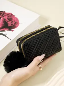Women's minimalist short wallet, Adorned with a Delicate Pom-pom, Solid color coin wallet, stylish zipper wrapped card clip multifunctional key and cash storage bag
