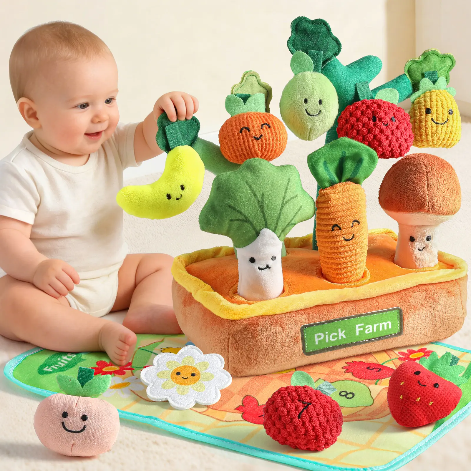 Baby Toys 6-12 Month-Fruit Veggie Farm Sensory Toys 15PCS | Rattle Squeaker Crinkle Texture Color Shape Number Matching Stuffed Sitting Educational Toy Gifts