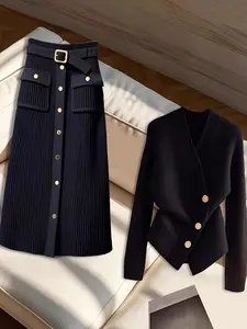 Women's Fashion Knit Set, V-Neck Cardigan + High-Waisted Button Skirt Two-Piece, Elegant Fall & Winter Office Commute Look