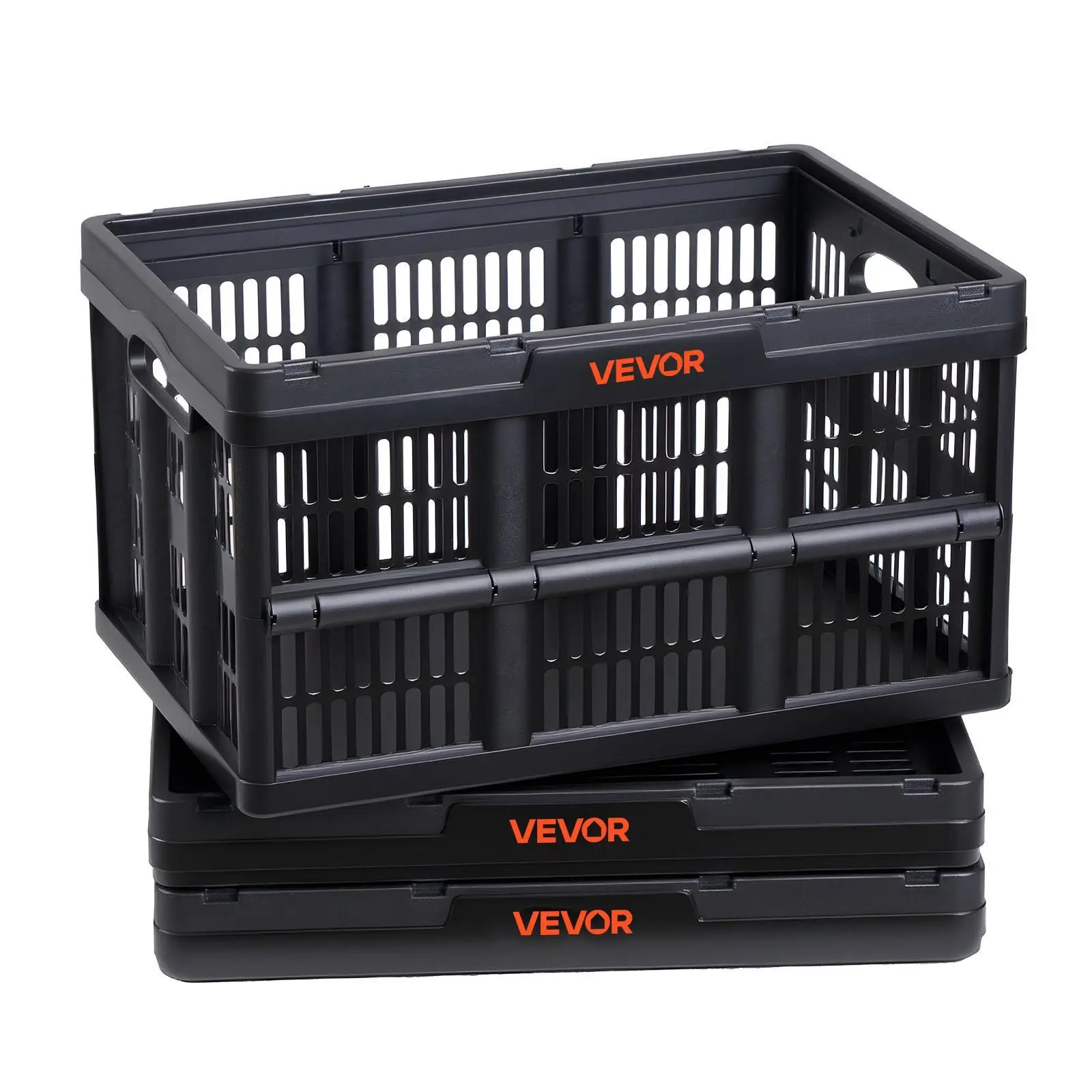 Summerfinds 3-Pack 45L Plastic Collapsible Storage Boxes, Stackable Folding Durable Home Organizer Crates with Ergonomic Side Handles, 33 lbs Capacity Each, Impact-Resistant Rounded Edges, Space-Saving for Household Organization