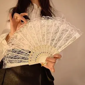 Elegant White Lace Fan with Intricate Floral Design - Double-Sided Plastic Wedding & Cosplay Decor, Ideal for Home & Party Decorations, Party Accessory | Lace Covered Fan | Detailed Lacework, Lace Fan Decor Hand Fan