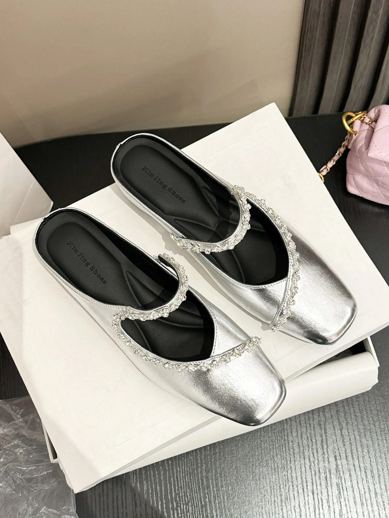 Sexy Versatility Rhinestone Lifting Fairy Style Square Toe Strap Single Shoe, New Gentle Fragrance Back Hollow Elegant Low Heel Flat Shoes Footwear