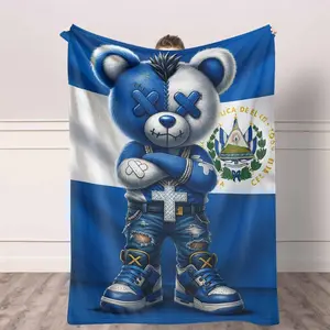Salvadorean Flag Teddy Bear Flannel Blanket Super Soft Warm Cozy Lightweight AntiPilling Perfect for Sofa Bed Travel Vacation Gift